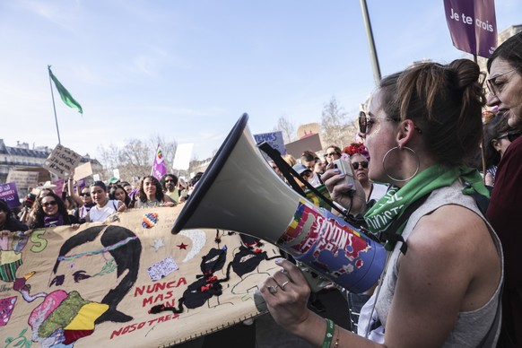 epa11949897 Thousands of people march in a rally marking International Women&#039;s Day in Paris, France, 08 March 2025. International Women&#039;s Day (IWD) is observed annually on 08 March worldwide ...