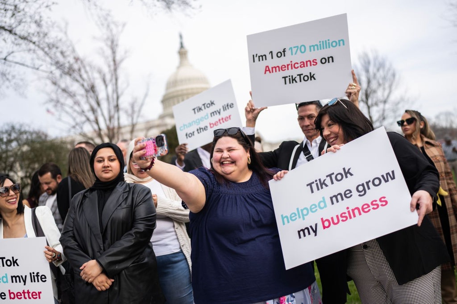 UNITED STATES - MARCH 13: Tik Tok supporters are seen outside the U.S. Capitol before the House passed the Protecting Americans from Foreign Adversary Controlled Applications Act, that could ban TikTo ...