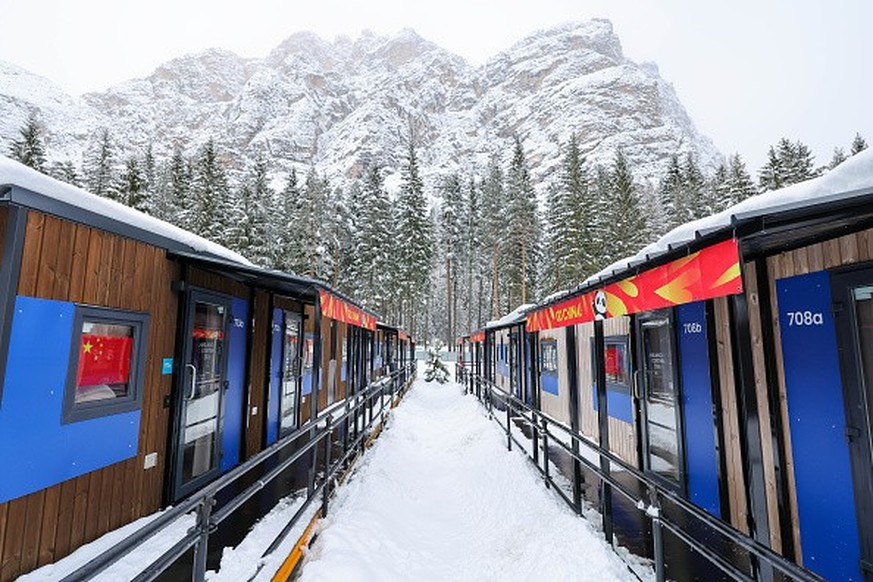 CORTINA D'AMPEZZO, ITALY - FEBRUARY 05: A general view of the Olympic Rings at the Cortina d'Ampezzo Olympic Village on February 5, 2026 in Fiames, Italy. The Cortina d'Ampezzo Olympic  ...