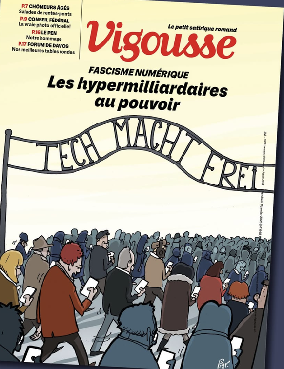 Dessin paru dans Vigousse le 16 janvier 2025 dénonçant le "fascisme numérique".