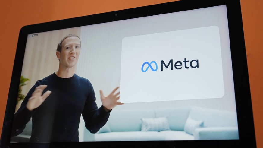 FILE - Seen on the screen of a device in Sausalito, Calif., Facebook CEO Mark Zuckerberg announces the company&#039;s new name, Meta, during a virtual event on Thursday, Oct. 28, 2021. Zuckerberg prom ...