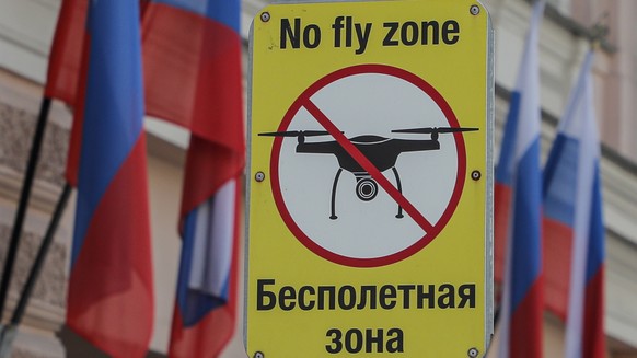 epa10608147 A &#039;No Drone Zone&#039; sign is seen in Moscow, Russia, 04 May 2023. According to the Russian Presidential Press Service, two unmanned aerial vehicles targeted the Kremlin on the night ...