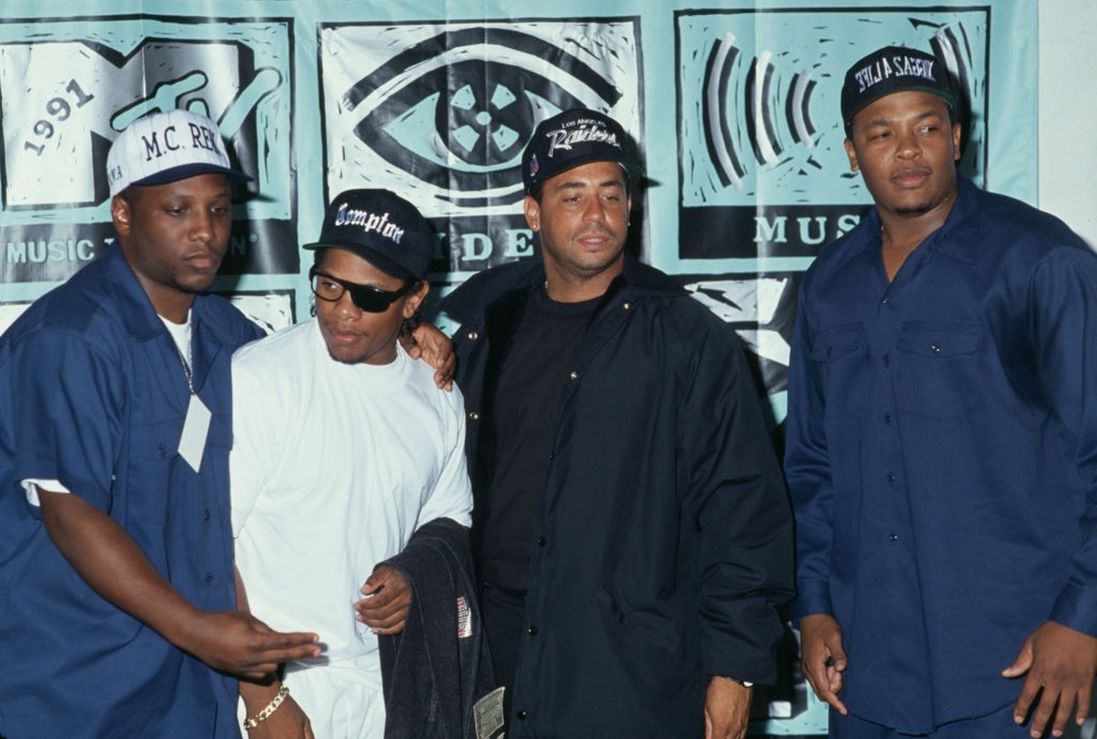 American hip hop group NWA (American rapper MC Ren, American rapper Eazy-E (1964-1995), American rapper DJ Yella, and American rapper Dr Dre) attend 8th Annual MTV Video Music Awards, held at the Univ ...