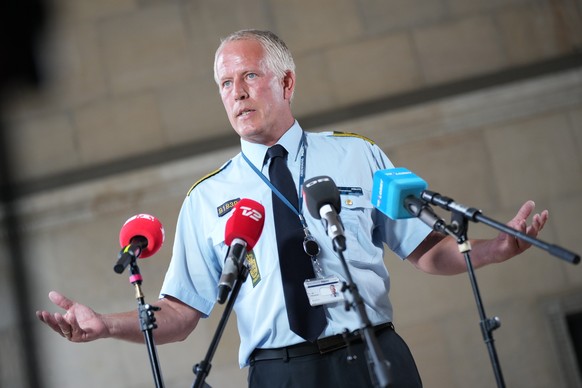 epa10050397 Copenhagen Police Chief Inspector Soeren Thomassen informs about the incident in Field&#039;s Shopping Center during a doorstep press conference at the Police Station in Copenhagen, Denmar ...