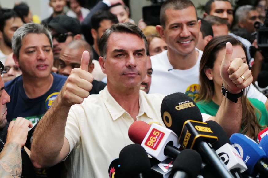 Opposition presidential candidate Sen. Flavio Bolsonaro speaks after voting during general elections in Rio de Janeiro, Sunday, Oct. 4, 2026. (AP Photo/Lucas Landau)
Flavio Bolsonaro