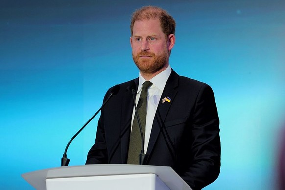 KYIV, UKRAINE - APRIL 23: Prince Harry, Duke of Sussex, delivers a speech during the Kyiv Security Forum on April 23, 2026 in Kyiv, Ukraine. Prince Harry, Duke of Sussex, founder of the Invictus Games ...