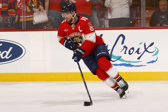 SUNRISE, FLORIDA - MAY 26: Aleksander Barkov #16 of the Florida Panthers warms up on the ice prior to the start of the game against the New York Rangers in Game Three of the Eastern Conference Final a ...