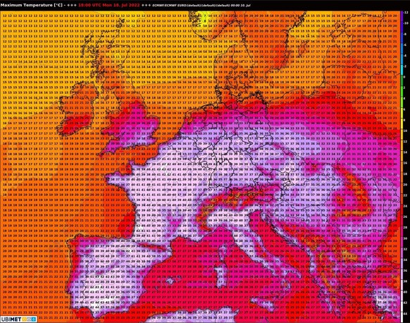 Höchsttemperaturen in Europa am Montag 18. Juli 2022, Modell ECMWF