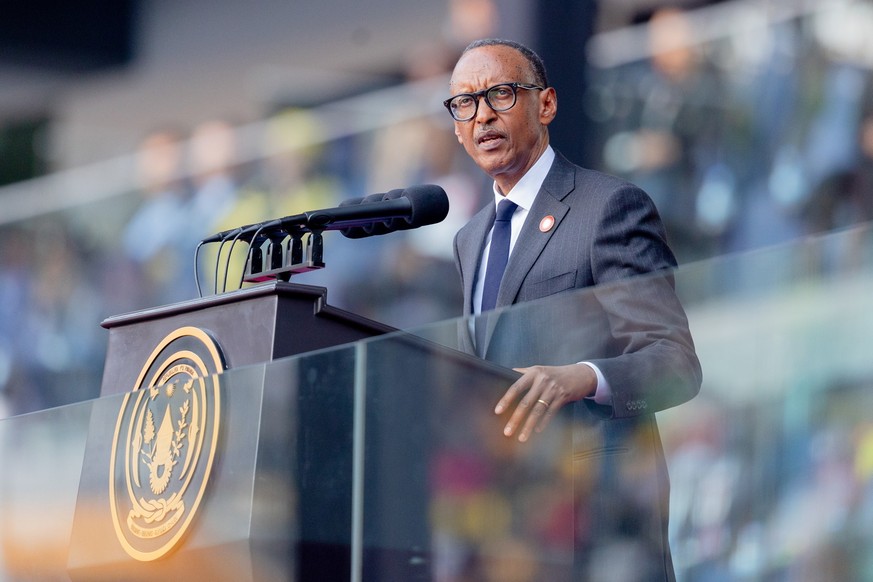 epa11545749 President of Rwanda Paul Kagame speaks during his inauguration ceremony at Amahoro Stadium in Kigali, Rwanda, 11 August 2024. Kagame was sworn in for a fourth term after registering a land ...