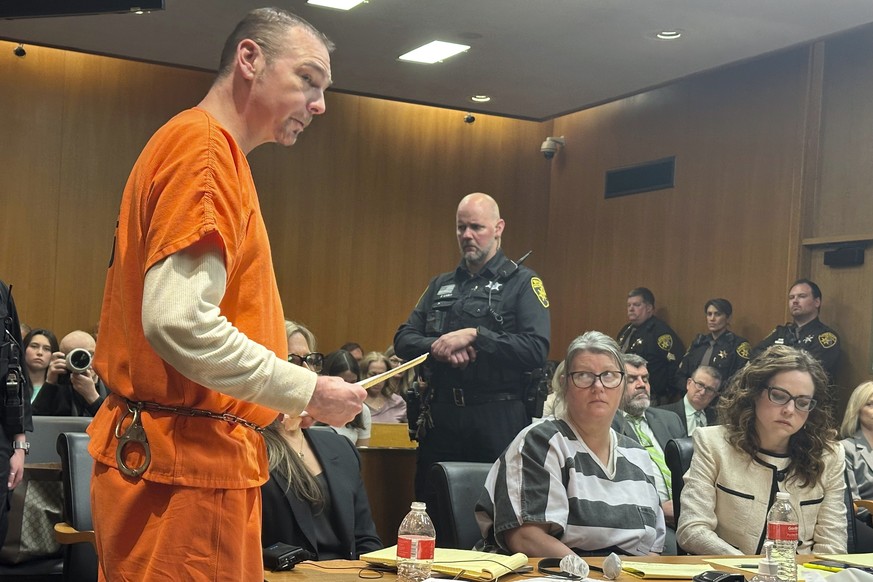 Defendant James Crumbley speaks before his sentencing for involuntary manslaughter in a school shooting committed by his son, Tuesday, April 9, 2024, in Pontiac, Mich. His wife, Jennifer Crumbley, cen ...