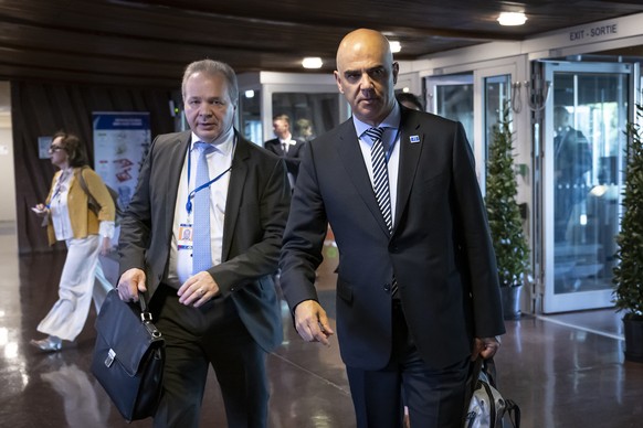 Swiss candidate for Secretary General of the Council of Europe Alain Berset, right, and Ambassador Claude Wild, Permanent Representative of Switzerland to the Council of Europe, right, arrive at the P ...