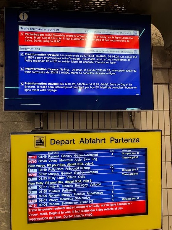 Circulation ferroviaire perturbée entre Lausanne et Cully ce vendredi 11 avril.