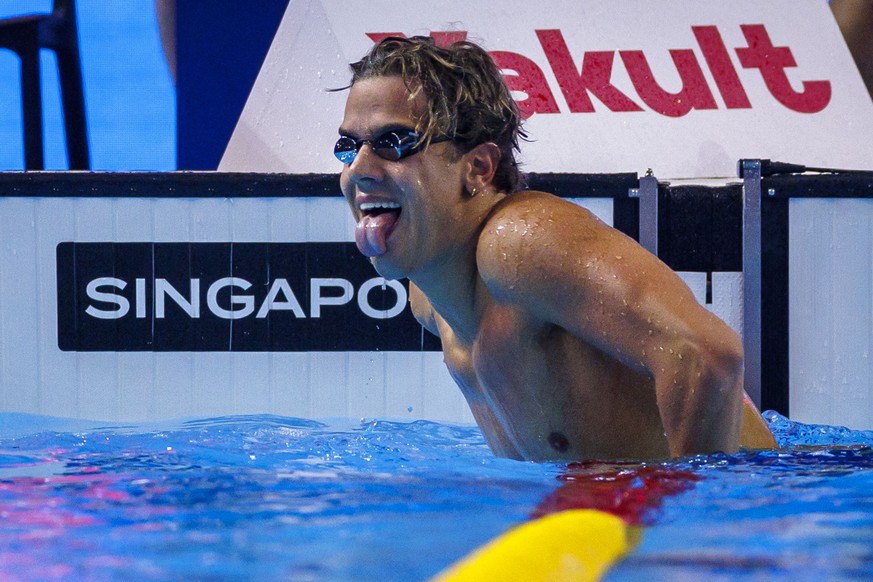 Swiss swimmer Noe Ponti reacts after finishing second in the Men&#039;s 100m Butterfly Final during the World Aquatics Swimming Championships (50m) in Singapore, Singapore, Saturday, Aug. 2, 2025. (KE ...