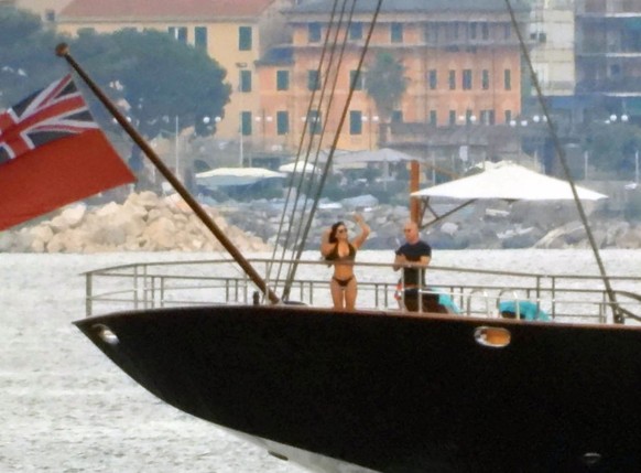 PORTOFINO, ITALY - JUNE 12: Lauren Sanchez and Jeff Bezos are seen on Jeff Bezos' yacht on June 12, 2023 in Portofino, Italy. (Photo by MEGA/GC Images)