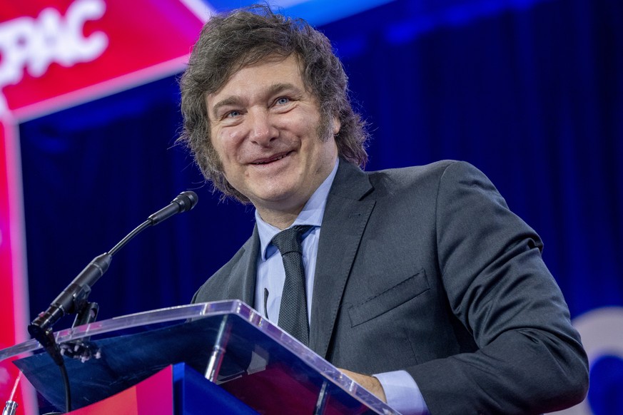 epa11179282 President of Argentina Javier Milei delivers remarks during the Conservative Political Action Conference (CPAC) 2024 at National Harbor, Maryland, USA, 24 February 2024. The Conservative P ...