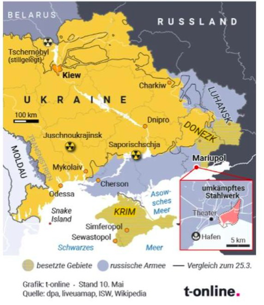 Jaune: territoires occupés, bleu: avancée de l'armée russe, trait noir: comparaison avec la situation au 25 mars.