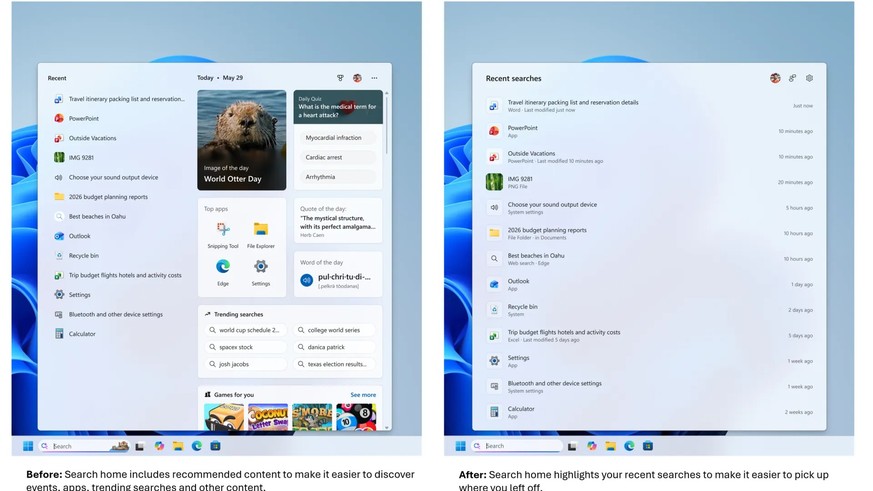 Le champ de recherche Windows avant/après. Moins de publicités, plus de contrôle sur les suggestions.