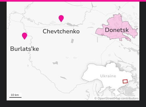 Burlats&#039;ke et Chevtchenko et Donetsk: carte de situation.