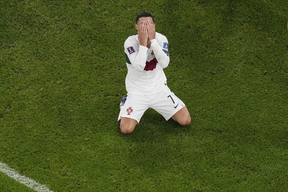 Portugal&#039;s Cristiano Ronaldo, reacts after he failed to score during the World Cup quarterfinal soccer match between Morocco and Portugal, at Al Thumama Stadium in Doha, Qatar, Saturday, Dec. 10, ...