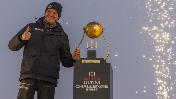 BREST, FRANCE - JANUARY 7 : Actual Ultim 3 skipper Anthony Marchand poses with trophy during start of the Arkea Ultim Challenge sailing race on January 7, 2024, in Brest, France. (photo by Jean-Marie  ...