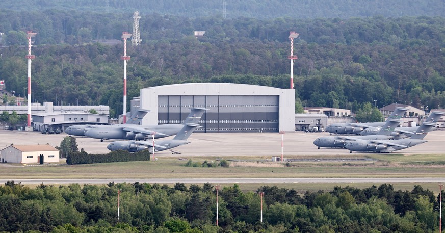 epa12931233 US Air Force aircraft stand in park position at the Ramstein Air Base, headquarters of the US Air Forces in Europe, near Landstuhl, Germany, 04 May 2026. The US Defence Department announce ...