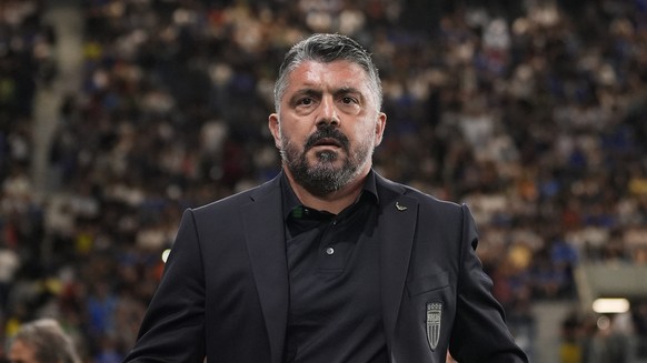 Italy&#039;s coach Gennaro Gattuso before the 2026 FIFA World Cup qualifying soccer match between Italy and Estonia, in Bergamo, Italy, Friday, Sept. 5, 2025. (Fabio Ferrari/LaPresse via AP)
Italy Est ...