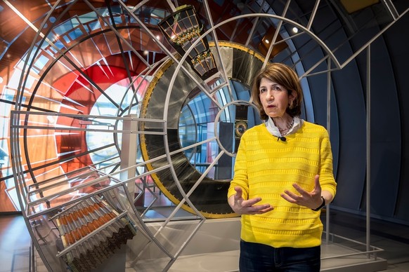 (FILES) CERN Director General Fabiola Gianotti speaks during an interview with AFP on the Future Particle Collider (FCC) in Meyrin, near Geneva, on March 31, 2025. The CERN physics laboratory chief we ...