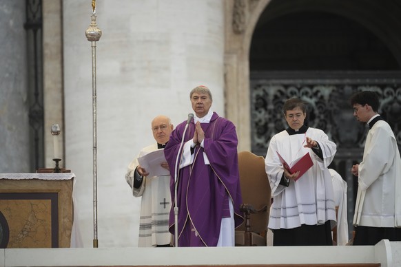 Cardinal Domenico Battaglia, center, celebrates a mass for the jubilar pilgrims from Naples in St. Peter&#039;s Square at The Vatican, Saturday, March 22, 2025, while Pope Francis is undergoing therap ...