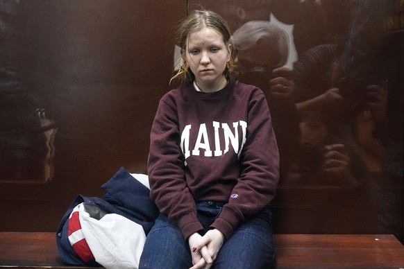 Darya Trepova, a 26-year-old St. Petersburg resident suspected of involvement in a bombing at a St. Petersburg cafe, sits in a cage in the courtroom prior to a court session in the Basmanny District C ...