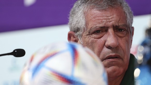 epa10349418 Head coach Fernando Santos of Portugal attends a press conference at Qatar National Convention Center (QNCC) in Doha, Qatar, 05 December 2022. Portugal will face Switzerland in their round ...