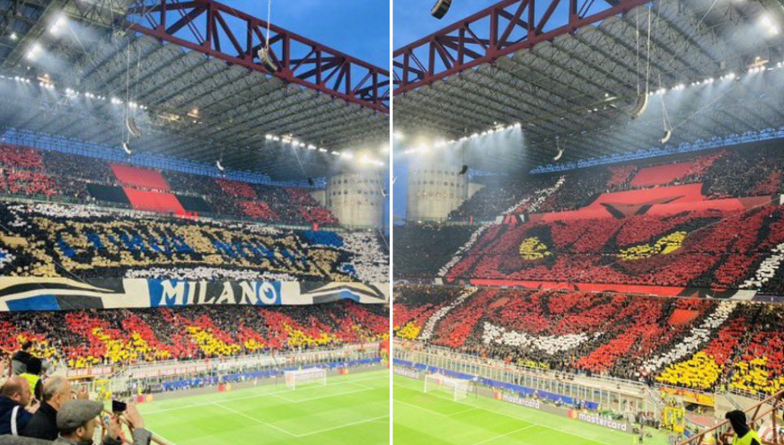 Les tifos de l&#039;Inter Milan (à gauche) et de l&#039;AC Milan (à droite) mercredi en Ligue des champions.