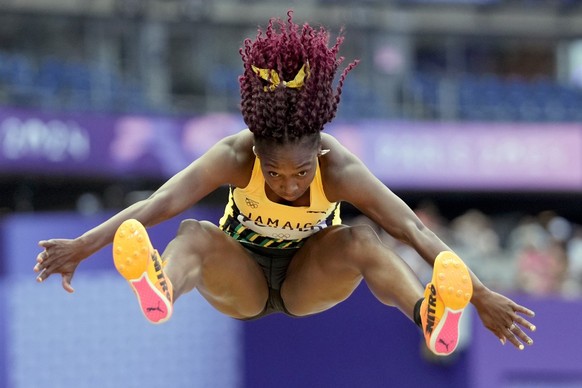 Chanice Porter, of Jamaica, competes during the women&#039;s long jump qualification at the 2024 Summer Olympics, Tuesday, Aug. 6, 2024, in Saint-Denis, France. (AP Photo/Bernat Armangue)