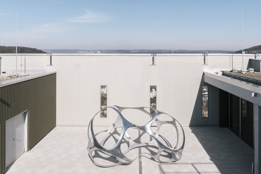 A sculpture on the roof of the grain silo of the grain mill Swissmill in Zurich, Switzerland, on February 27, 2017. Swissmill is a subsidiary of the Coop Group and mills over 200&amp;#039;000 tonnes o ...