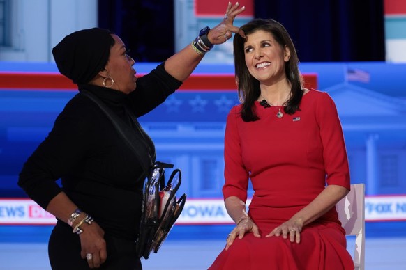 DES MOINES, IOWA - JANUARY 08: Republican presidential candidate former U.N. Ambassador Nikki Haley participates in a Fox News Town Hall on January 08, 2024 in Des Moines, Iowa. Iowa Republicans will  ...