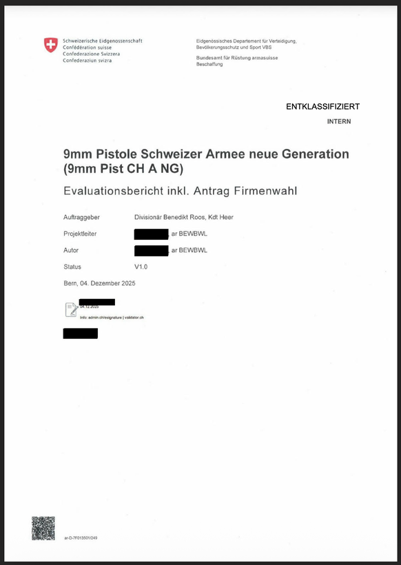 Evaluationsbericht von Armasuisse zur neuen Armeepistole P320 (März 2026).