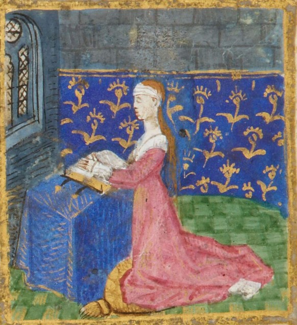 Miniature extraite du célèbre Livre d’heures de Jeanne de France, représentant vraisemblablement la jeune femme en prière.
https://commons.wikimedia.org/wiki/File:Heures_de_Jeanne_de_France_BnF_NAL_32 ...