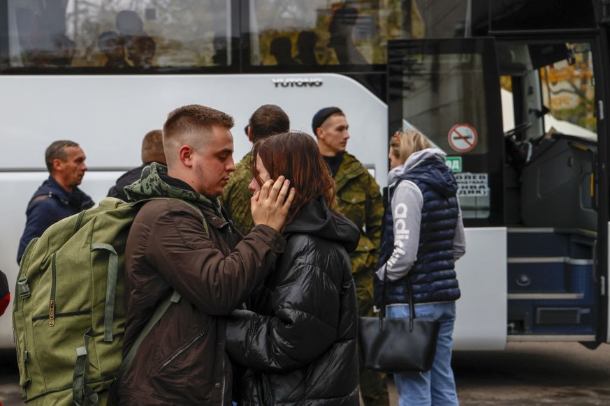 MOSCOW, RUSSIA - OCTOBER 06: Russian recruits gather outside a military processing center as drafted men said goodbye to their families before departing from their town in Moscow, Russia on October 06 ...