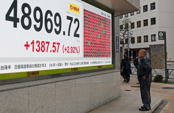 epa12466437 A passerby looks at a stock market indicator board in Tokyo, Japan, 20 October 2025. The Nikkei index gained more than 3 percent as Japan&#039;s ruling Liberal Democratic Party head Sanae  ...