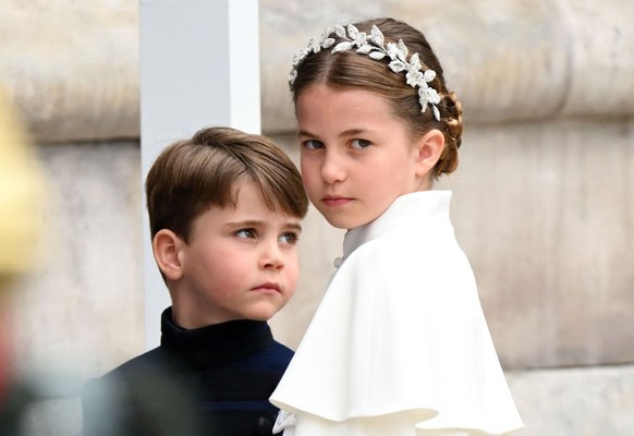 LONDON, ENGLAND - MAY 06: Prince Louis and Princess Charlotte arrive at Westminster Abbey for the Coronation of King Charles III and Queen Camilla on May 06, 2023 in London, England. The Coronation of ...
