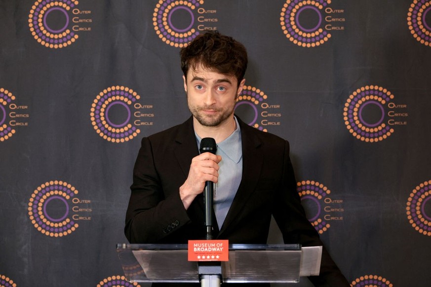 NEW YORK, NEW YORK - APRIL 23: Daniel Radcliffe speaks during the 73rd Annual Outer Critics Circle Awards Nominations at Museum of Broadway on April 23, 2024 in New York City. (Photo by Dimitrios Kamb ...