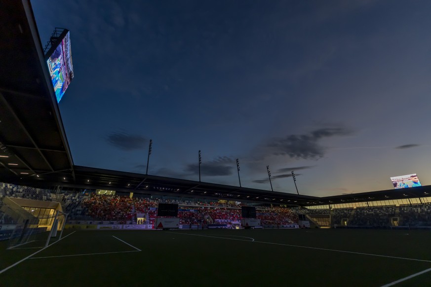 A general view during a public viewing of the FIFA 2026 World Cup round of 16 soccer match between Switzerland and Colombia, at the fan zone inside of the stade de la Tuiliere, in Lausanne, Switzerlan ...