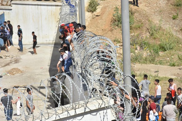 Des migrants cherchent à franchir la barrière à Ceuta.