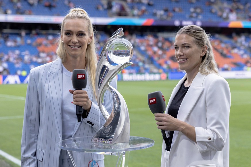 Basel, Switzerland, July 27st 2025: Interview by Annette Fetscherin TV Expert and Lara Dickenmann TV Expert before the UEFA Womens EURO 2025 Final match between England and Spain at St. Jakob-Park in  ...