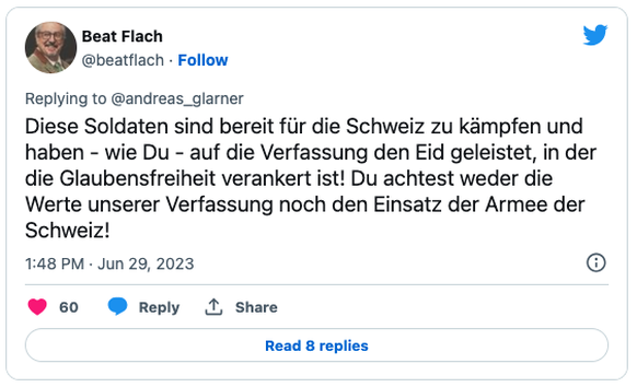 Um den Beginn des islamischen Opferfests Bayram zu begehen, hat die Schweizer Armee eine muslimische Feldpredigt abgehalten. SVP-Glarner reagiert empört, GLP-Flach reagiert trocken.