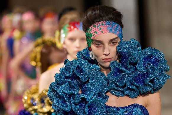 PARIS, FRANCE - JANUARY 30: (EDITORIAL USE ONLY - For Non-Editorial use please seek approval from Fashion House) A model walks the runway during the Germanier Haute Couture Spring-Summer 2025 show as  ...