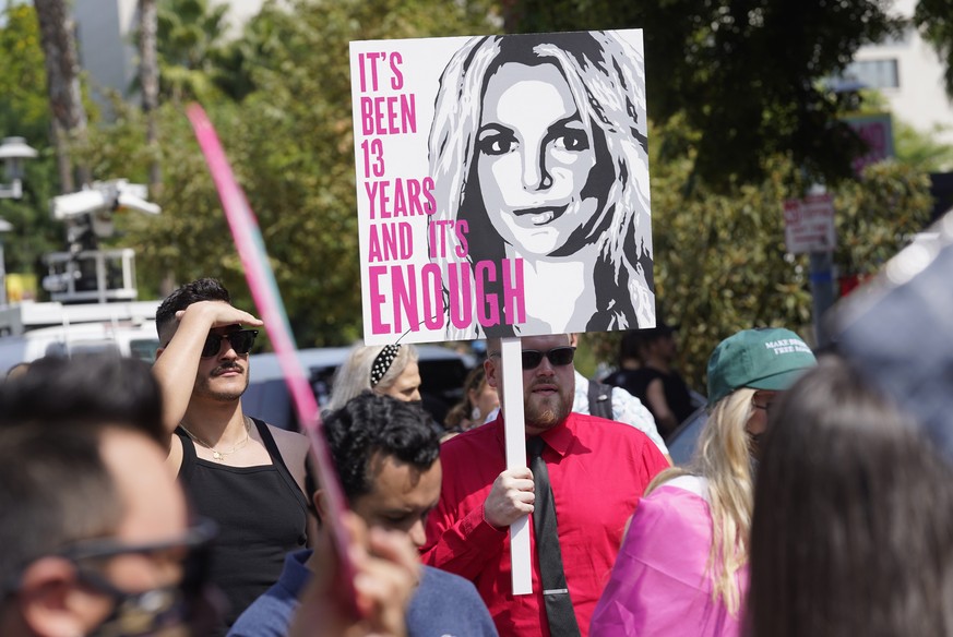 Britney Spears supporters demonstrate outside the Stanley Mosk Courthouse, Wednesday, Sept. 29, 2021, in Los Angeles. A Los Angeles judge will hear arguments at a hearing Wednesday over removing Spear ...