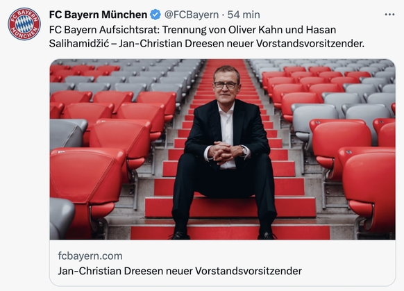 Traduction: «Conseil de surveillance du FC Bayern : Séparation d'Oliver Kahn et de Hasan Salihamidžić - Jan-Christian Dreesen nouveau président du directoire.»