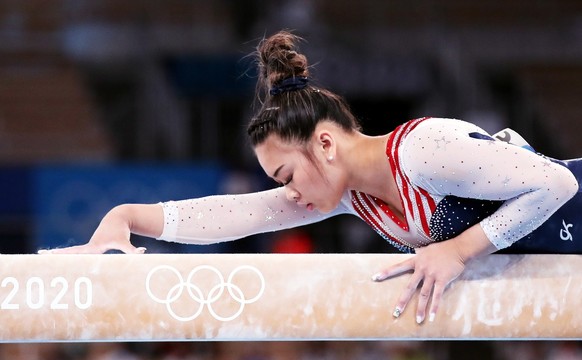 epa09376826 Lee Sunisa of the US competes on the Balance Beam in the Women&#039;s All-Around final during the Artistic Gymnastics events of the Tokyo 2020 Olympic Games at the Ariake Gymnastics Centre ...