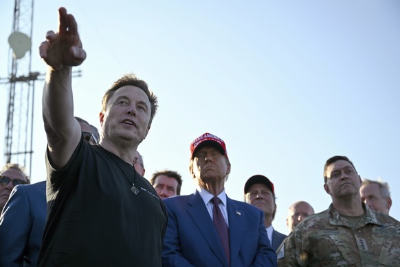 FILE - Elon Musk talks with President-elect Donald Trump before the launch of the sixth test flight of the SpaceX Starship rocket Tuesday, Nov. 19, 2024 in Boca Chica, Texas. (Brandon Bell/Pool via AP ...