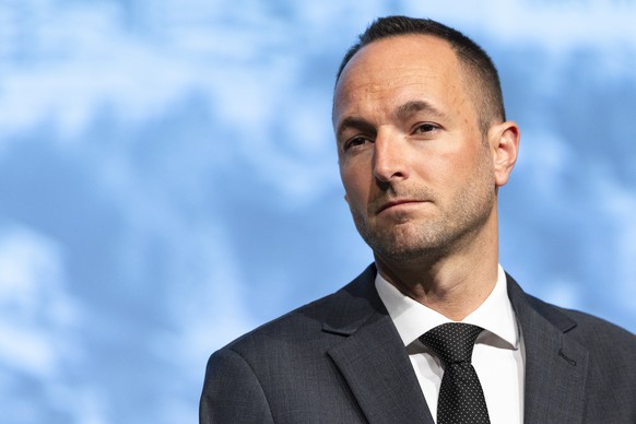 Mathias Reynard, State Councillor and president of the Council of State of the Canton of Valais holds a press statement after the official commemorative ceremony and the national day of mourning follo ...